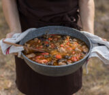 Stewed aubergines, peppers and sausages